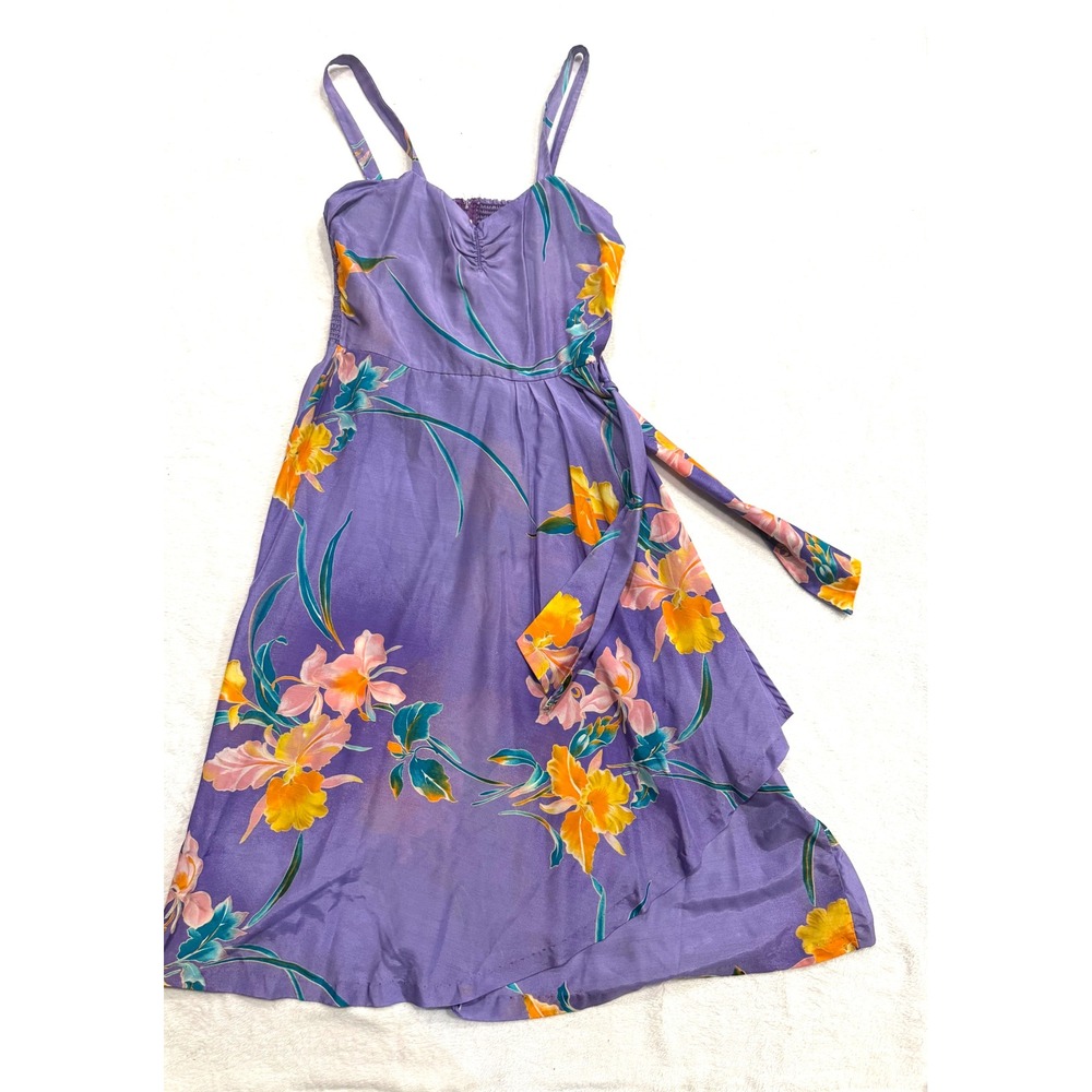 Vintage Sherry Holt Tropical Floral Purple Sun Dress Smocked Asymmetrical Wrap